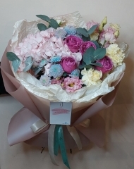 Букет с хризантемами, гортензией, розами и эустомой