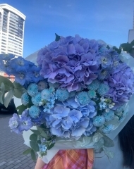 Букет из гортензии, хризантем, дельфиниума и твидии