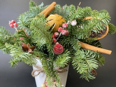 Композиция в кашпо из веточек нобилиса, илекса, специй и декора