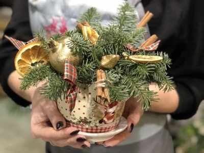 Новогодняя композиция из пихты Нордмана в чашке