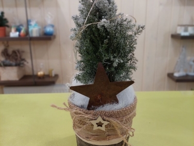 Можжевельник заснеженный в горшочке с декором и гирляндой