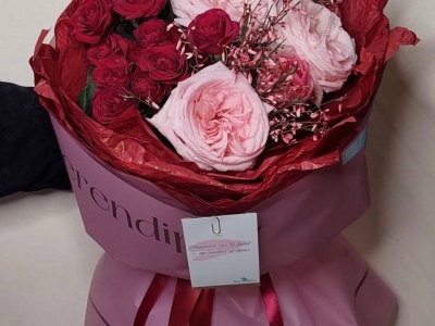 Букет с пионовидными розами Ред Трендсеттер,  Вайт О'Хара и генистой