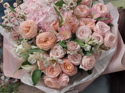 Букет с ортензией, альстромерией, пионовидными розами Бомбастик, Дарлингтон, хамелациумом